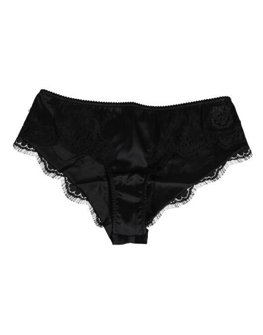 Black Silk Satin Floral Lace Panty Brief Underwear