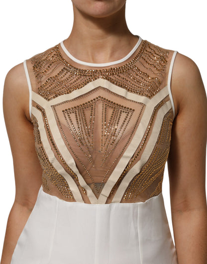 White Beige Mesh Crystal Embellished Sleeveless Jumpsuit