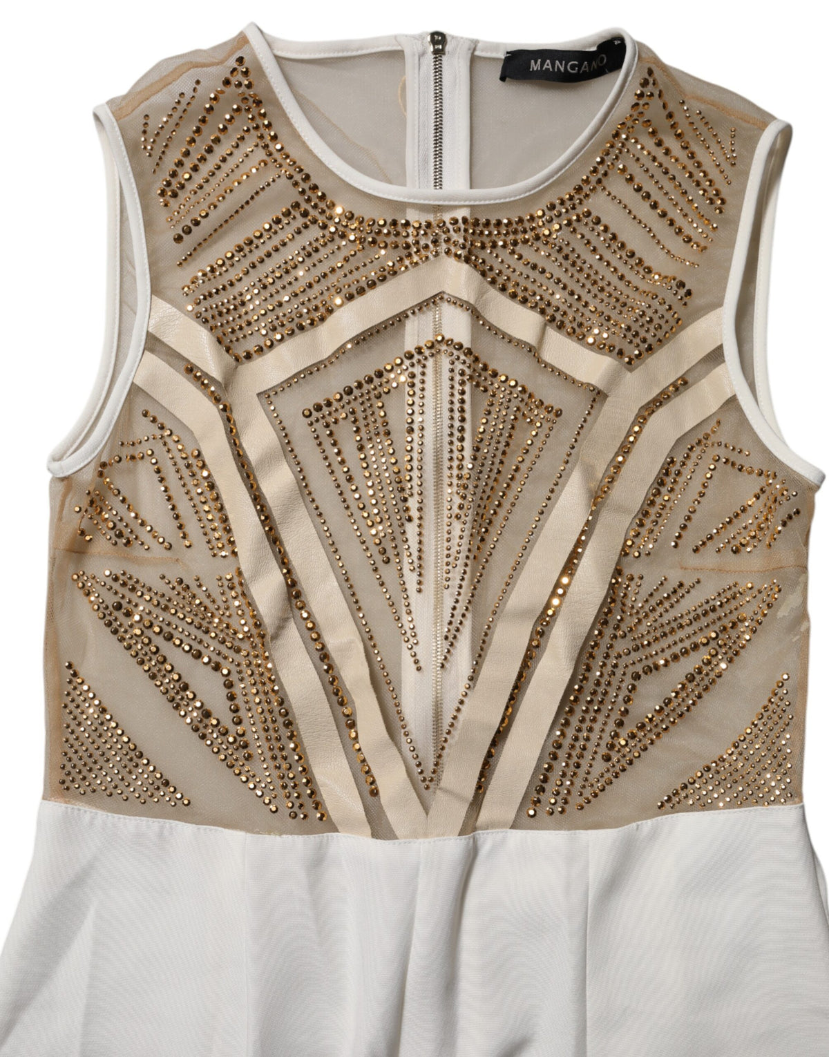 White Beige Mesh Crystal Embellished Sleeveless Jumpsuit