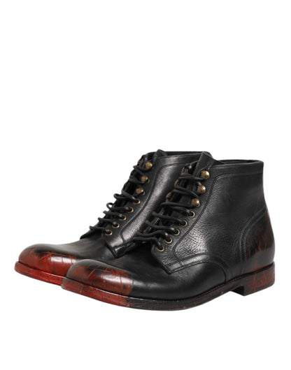Black Red Lace Up Short Ankle Boot Shoes