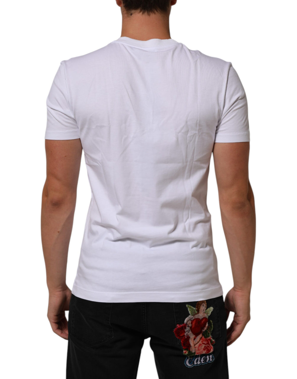 White Cotton Logo Print Crew Neck Men T-shirt