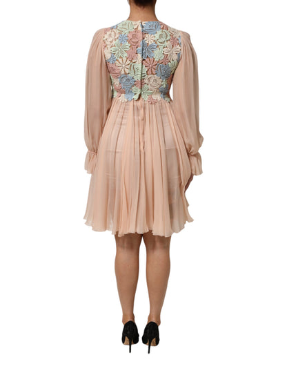 Pink Floral Embroidery Pleated A-line Dress