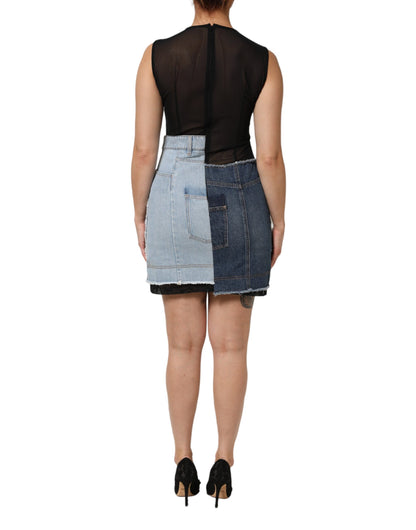 Blue Nylon Patchwork Denim Sheath Mini Dress