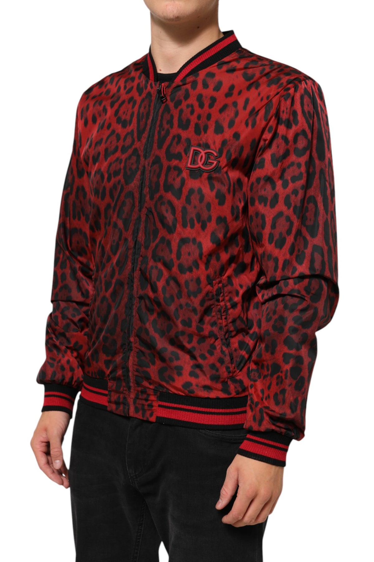 Red Leopard Print Full Zip Bomber Men Jacket