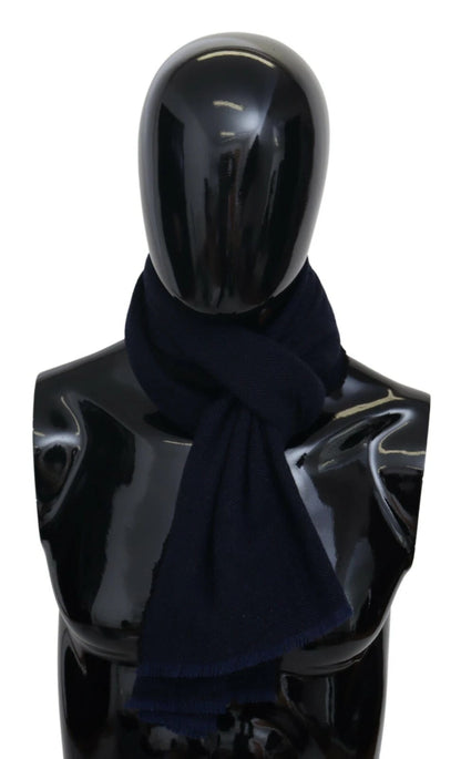 Dark Blue Wool Unisex Neck Wrap Fringes Logo Scarf
