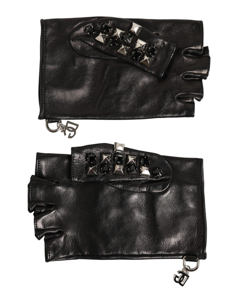 Black Leather Studded Fingerless Hand Mitten Men Gloves