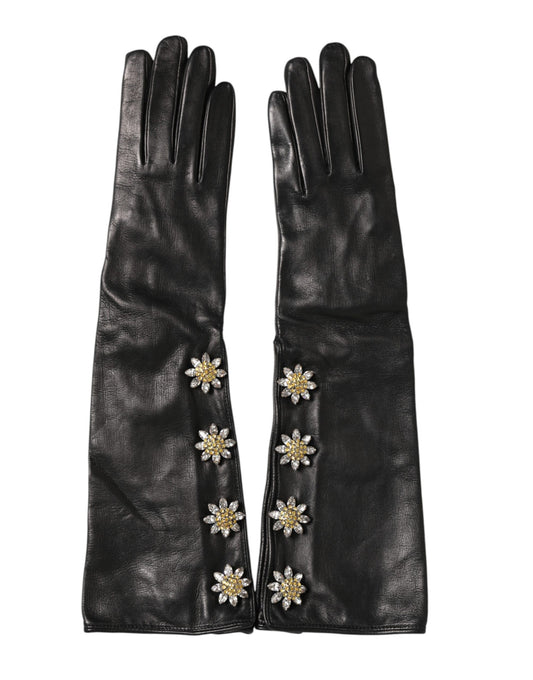 Black Leather Embellished Long Mitten Gloves
