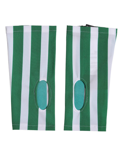 Green White Nylon Fingerless Wrist Length Gloves