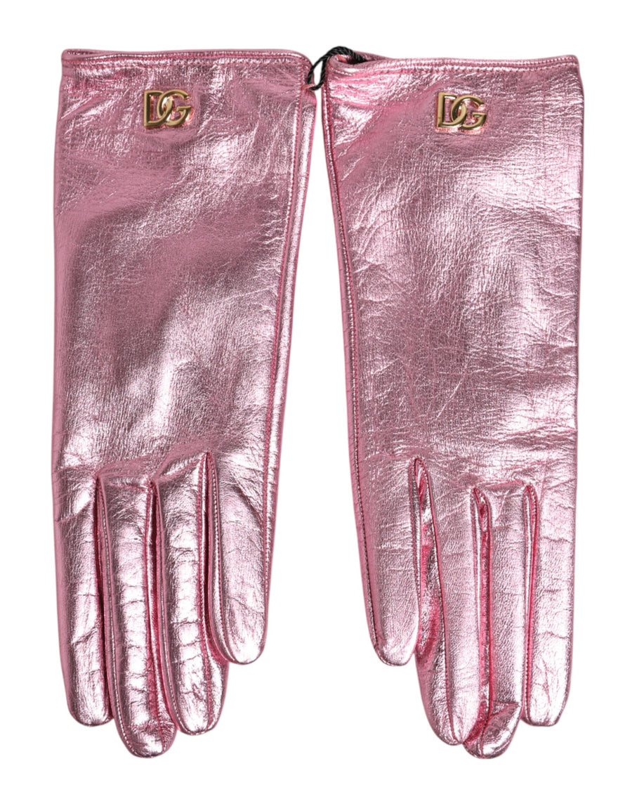 Pink Leather DG Logo Wrist Length Mitten Gloves