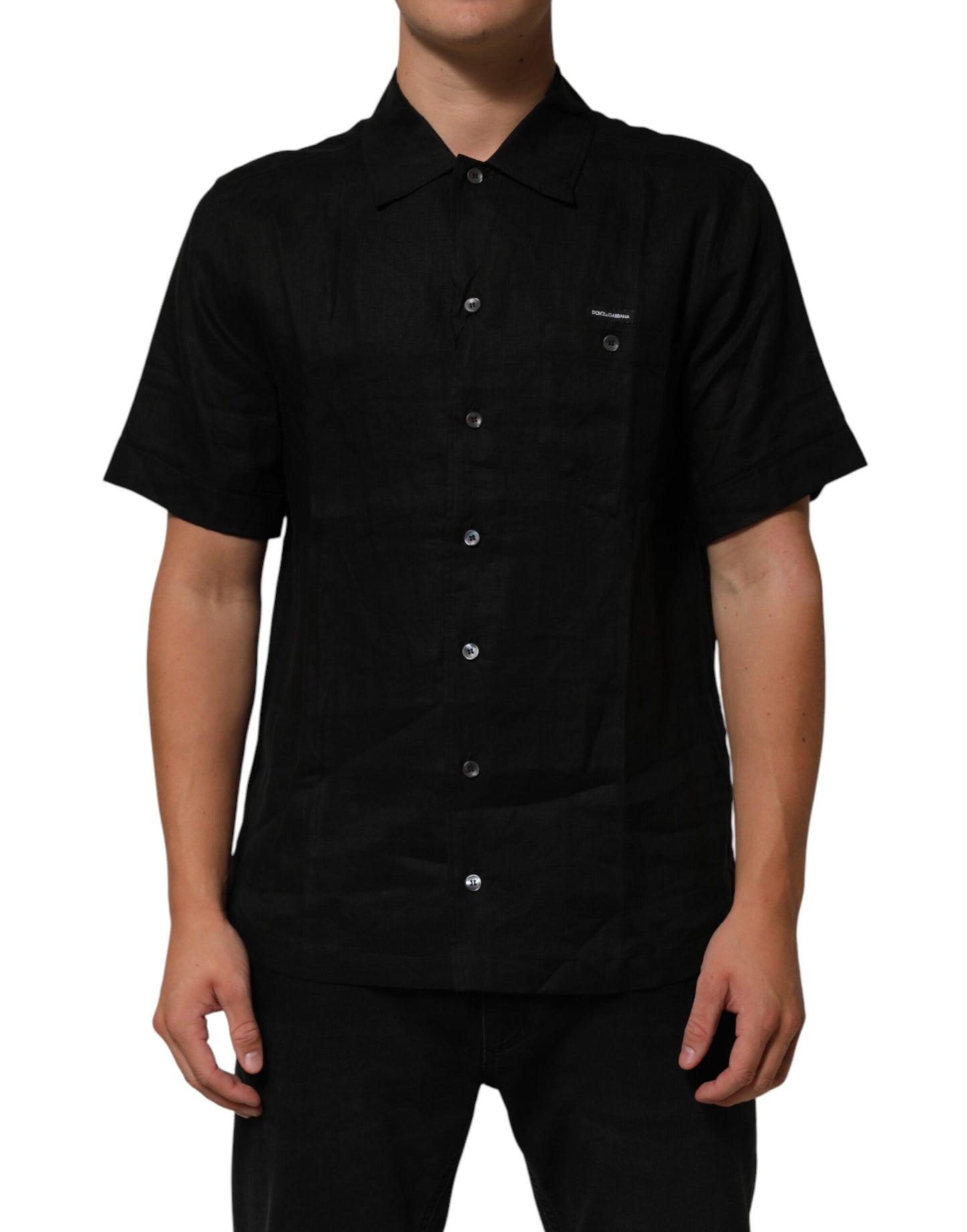 Black Linen Collared Short Sleeve Polo Shirt