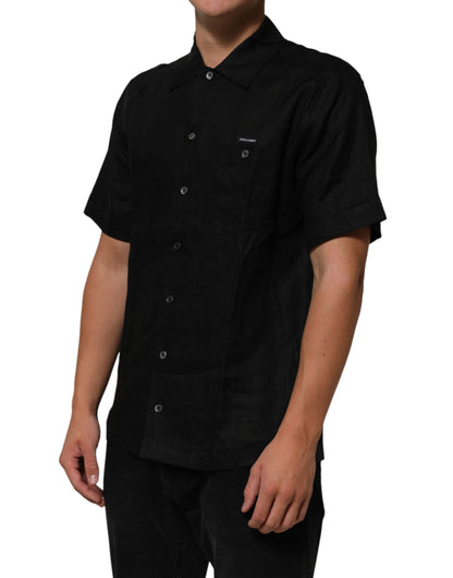Black Linen Collared Short Sleeve Polo Shirt