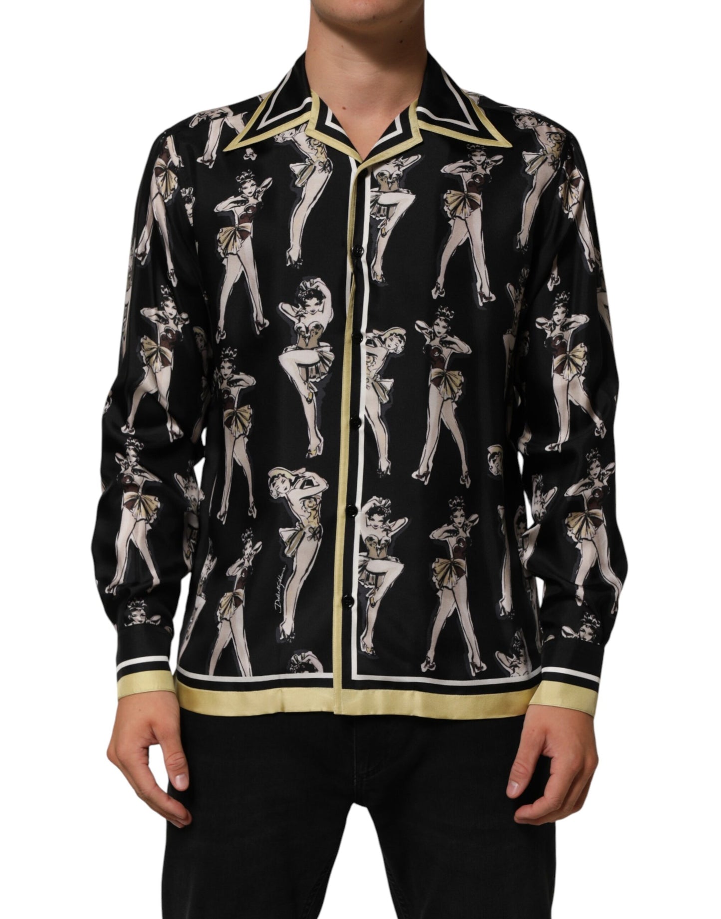 Black Silk Pin Up Printed Button Down Shirt