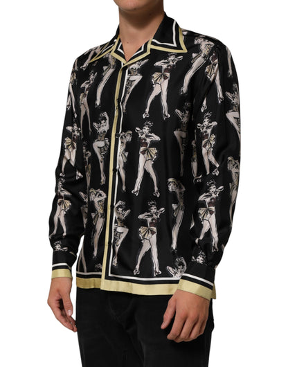 Black Silk Pin Up Printed Button Down Shirt