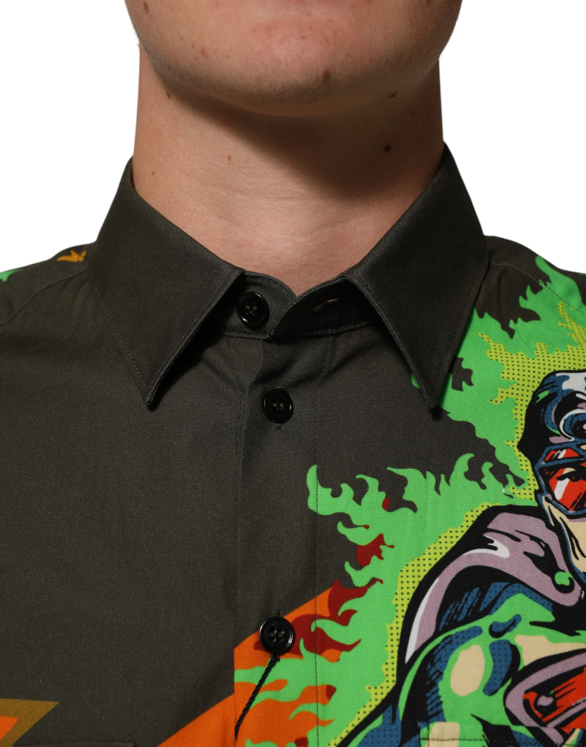 Green Superhero Print Button Down Shirt
