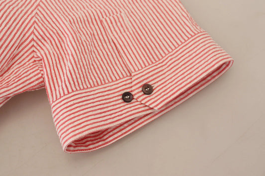 Red White Striped Cotton Short Sleeve Shirt