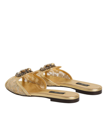 Gold Devotion Lace Flats Slip On Sandals Shoes