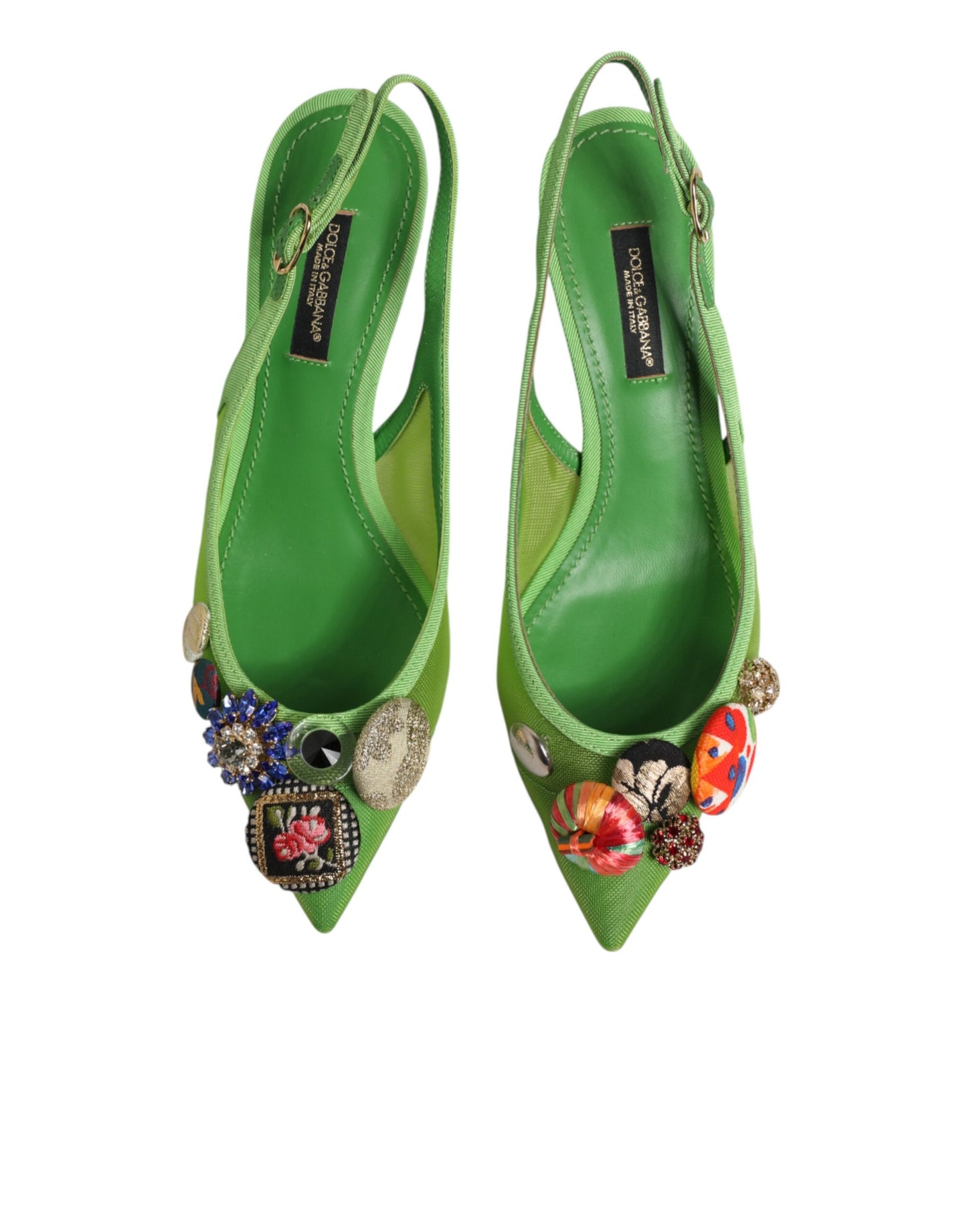Green Embellished Heels Slingbacks Shoes