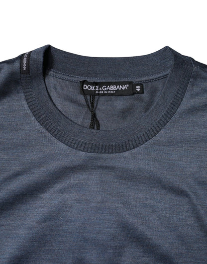 Blue Silk Crew Neck Short Sleeves Men T-shirt