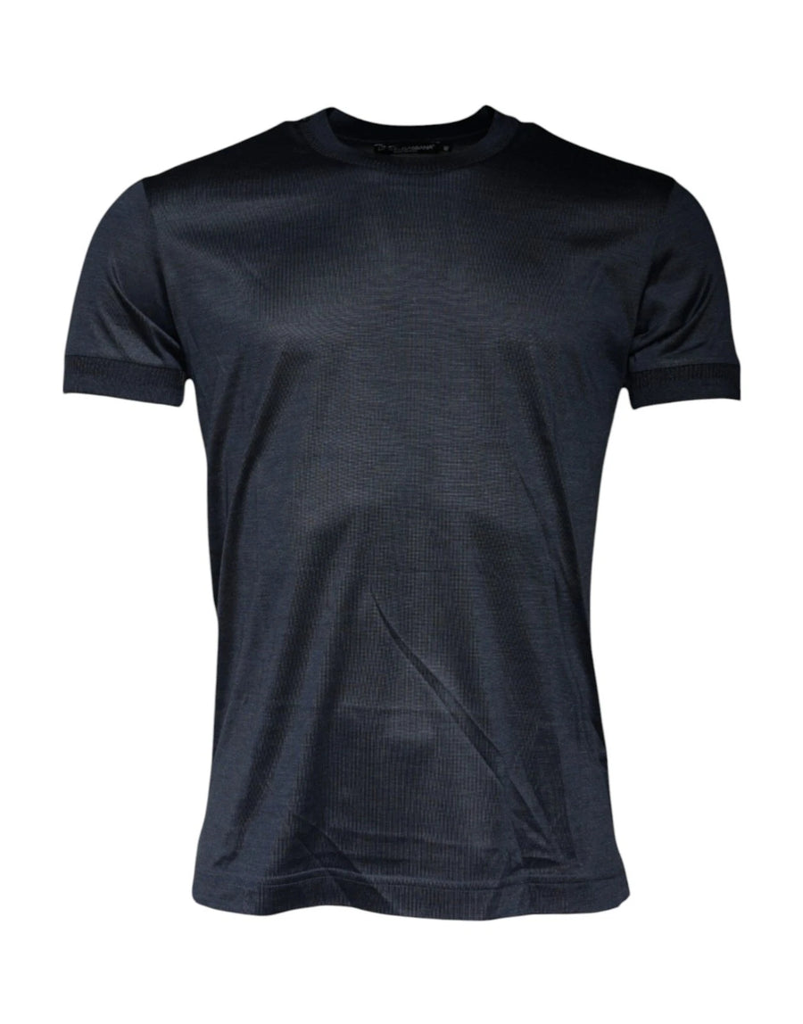 Blue Silk Crew Neck Short Sleeves Men T-shirt