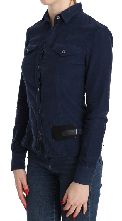 Cotton Blue Corduroy Long Sleeves Shirt Top Blouse