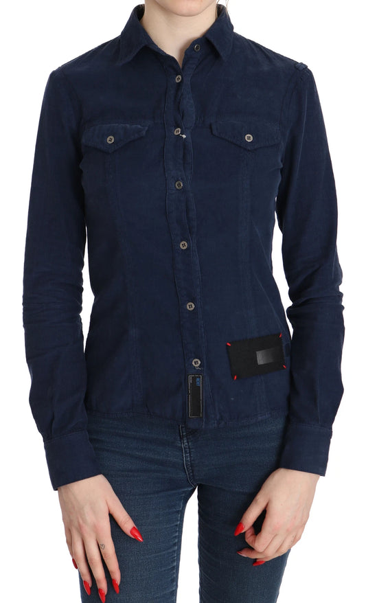 Cotton Blue Corduroy Long Sleeves Shirt Top Blouse