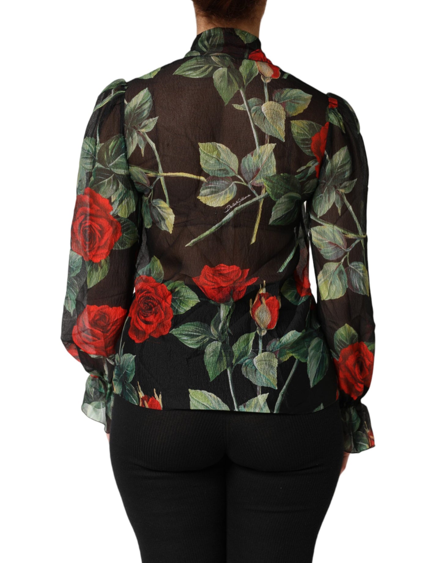 Black Floral Long Sleeves Silk Blouse Top