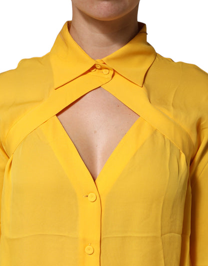 Yellow Silk Collared Long Sleeves  Top