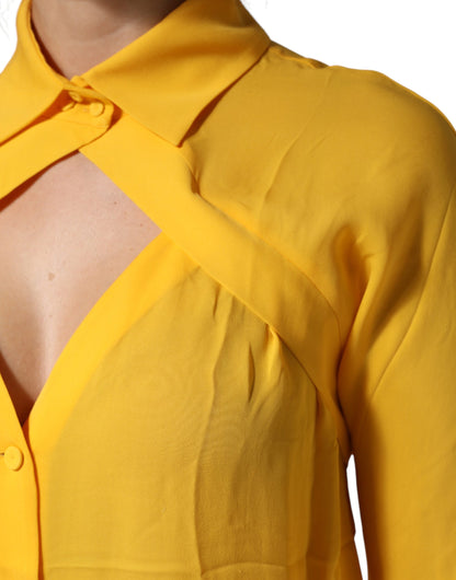 Yellow Silk Collared Long Sleeves  Top