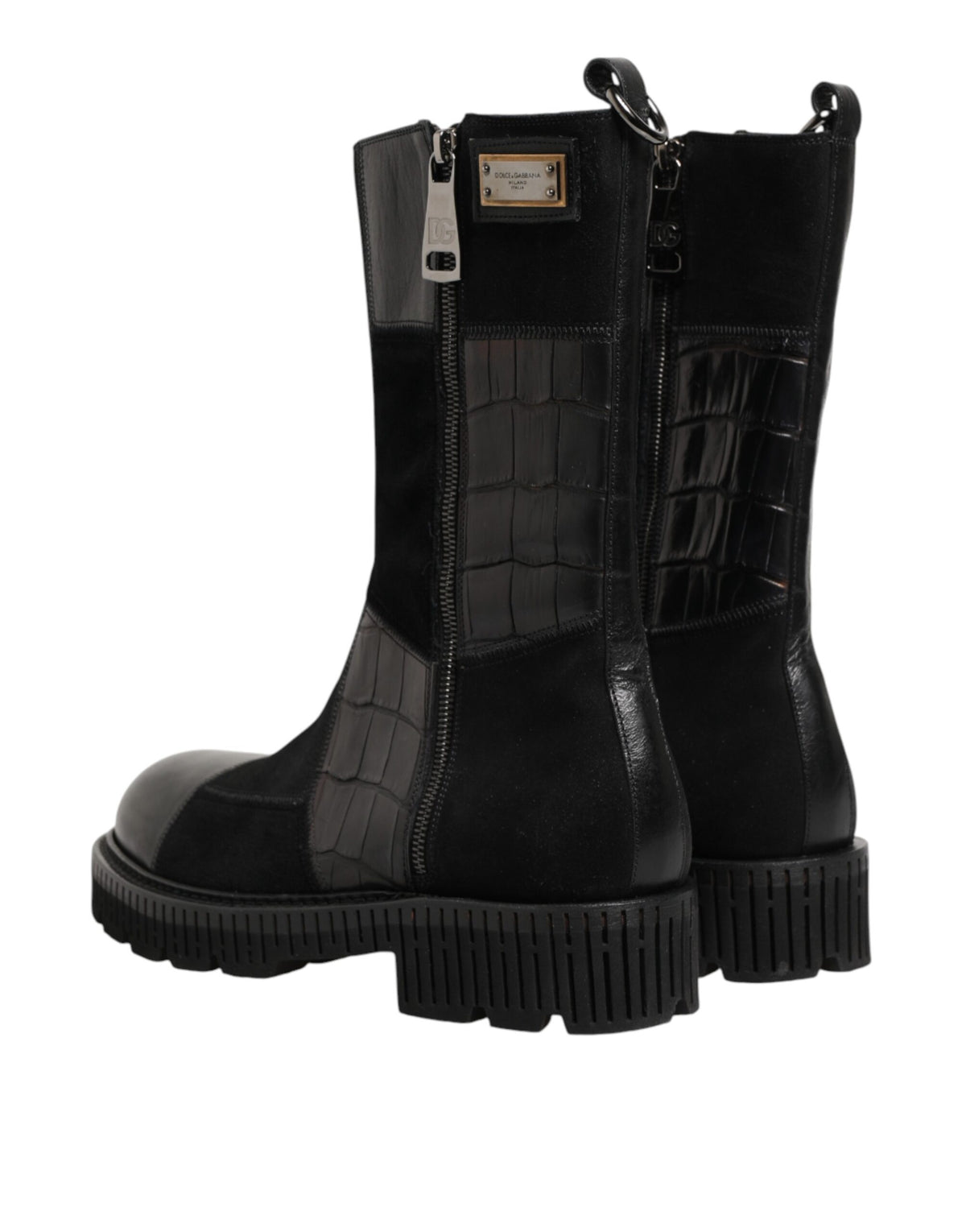 Black Patchwork Leather Mid Calf Boot  Shoes