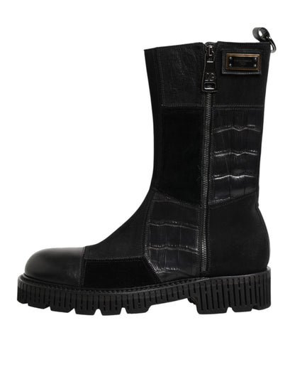 Black Patchwork Leather Mid Calf Boot  Shoes