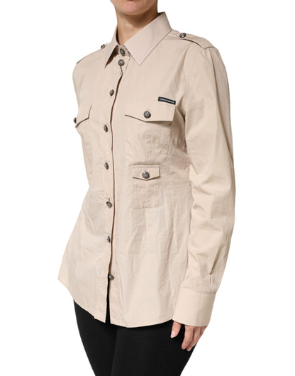 Beige Collared Long Sleeve Cotton Shirt Top