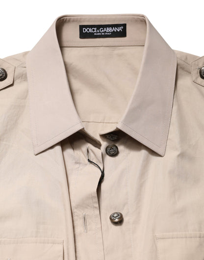 Beige Collared Long Sleeve Cotton Shirt Top