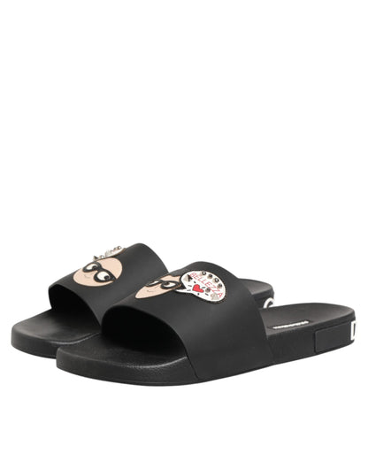 Black Leather Slides Sandals Beachwear Shoes
