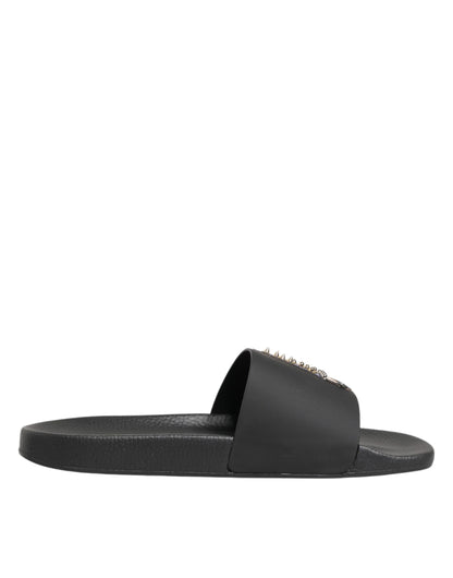 Black Leather Slides Sandals Beachwear Shoes