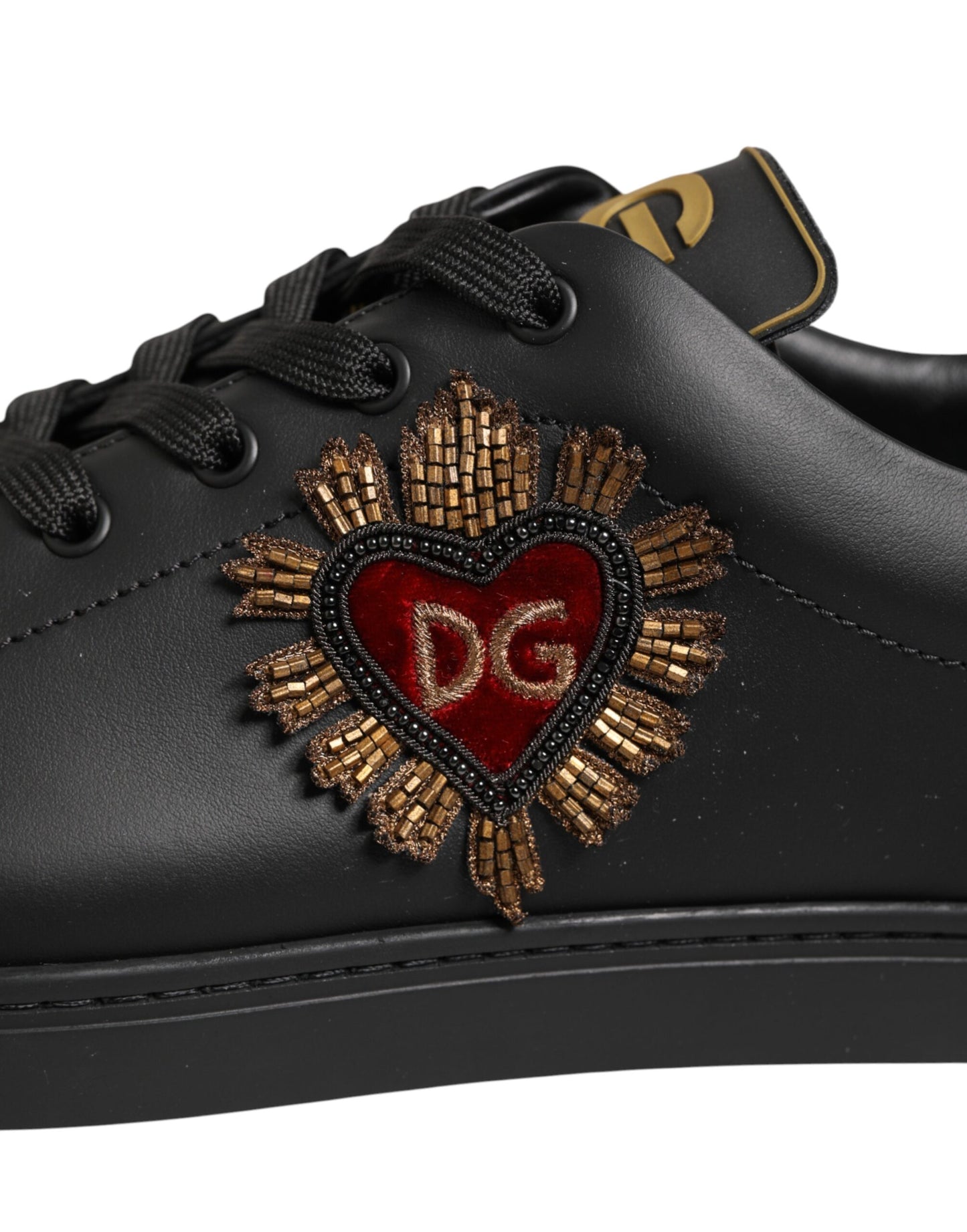 Black Leather Heart Embellished Sneakers Shoes