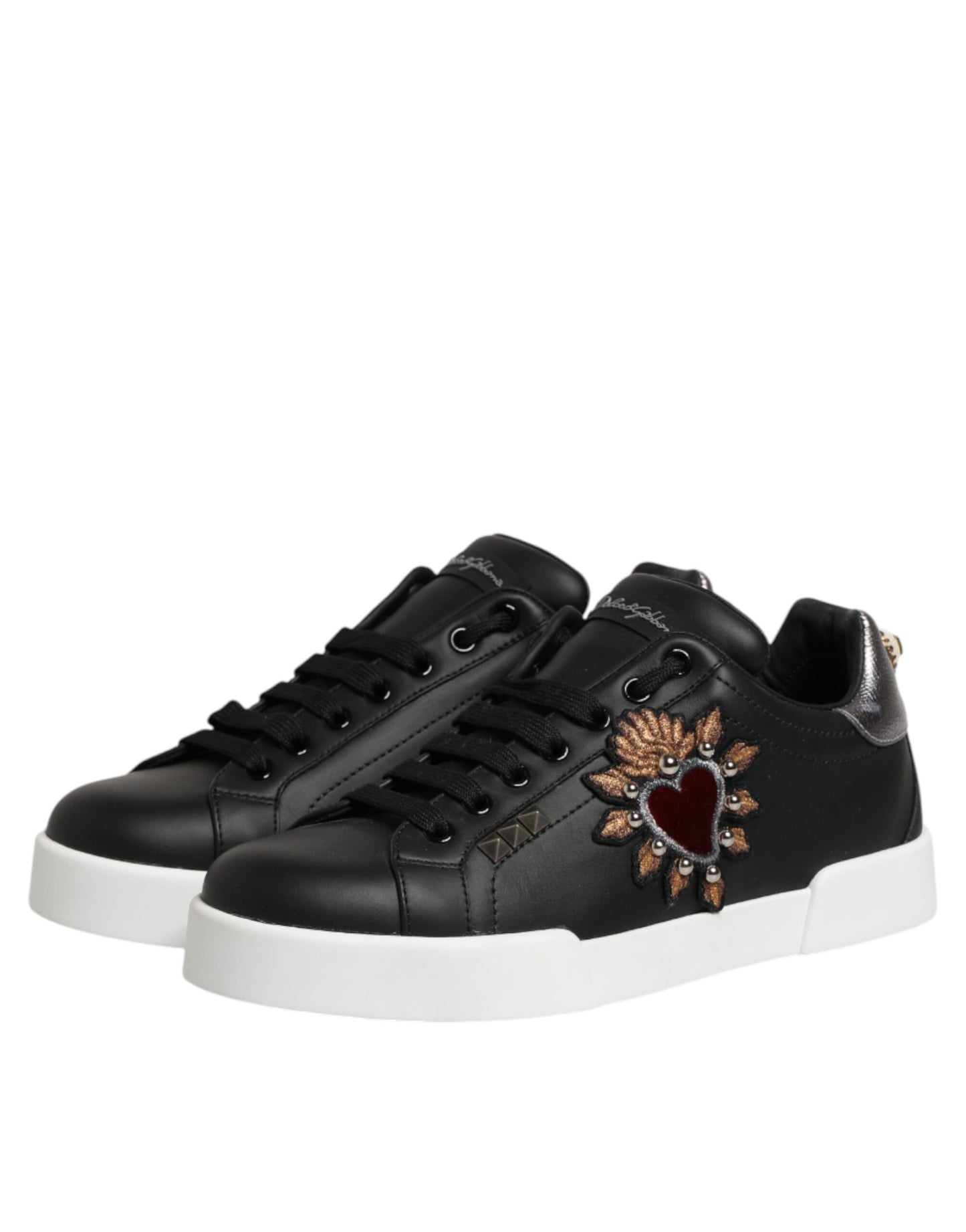 Black Leather Heart Embellished Sneakers Shoes