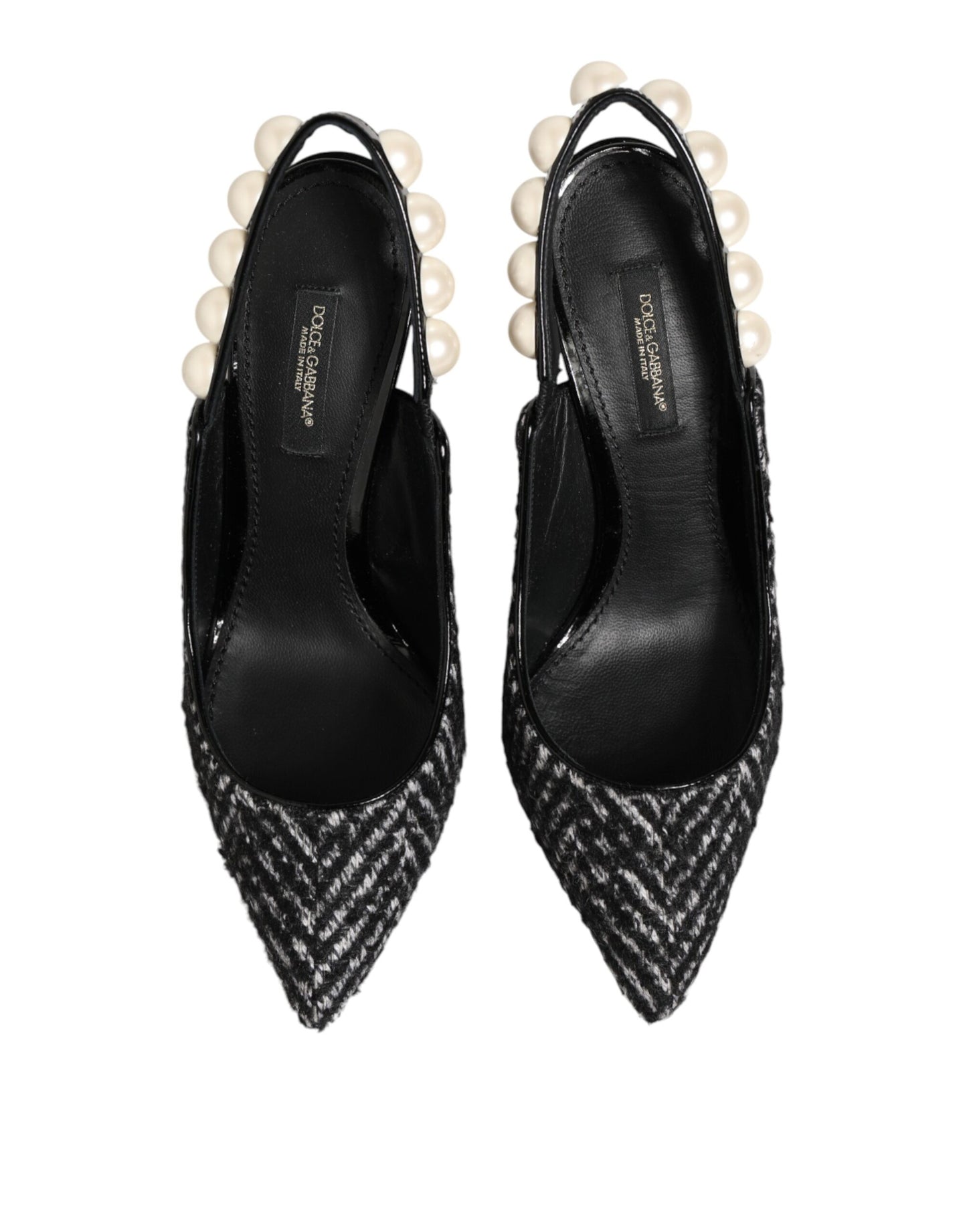 White Black Chevron Faux Pearl Slingbacks Shoes