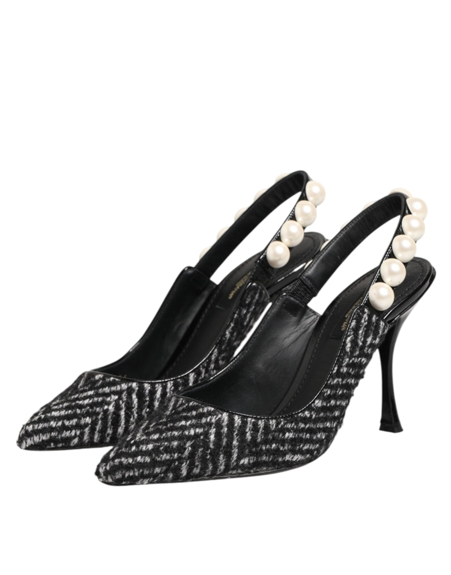 White Black Chevron Faux Pearl Slingbacks Shoes