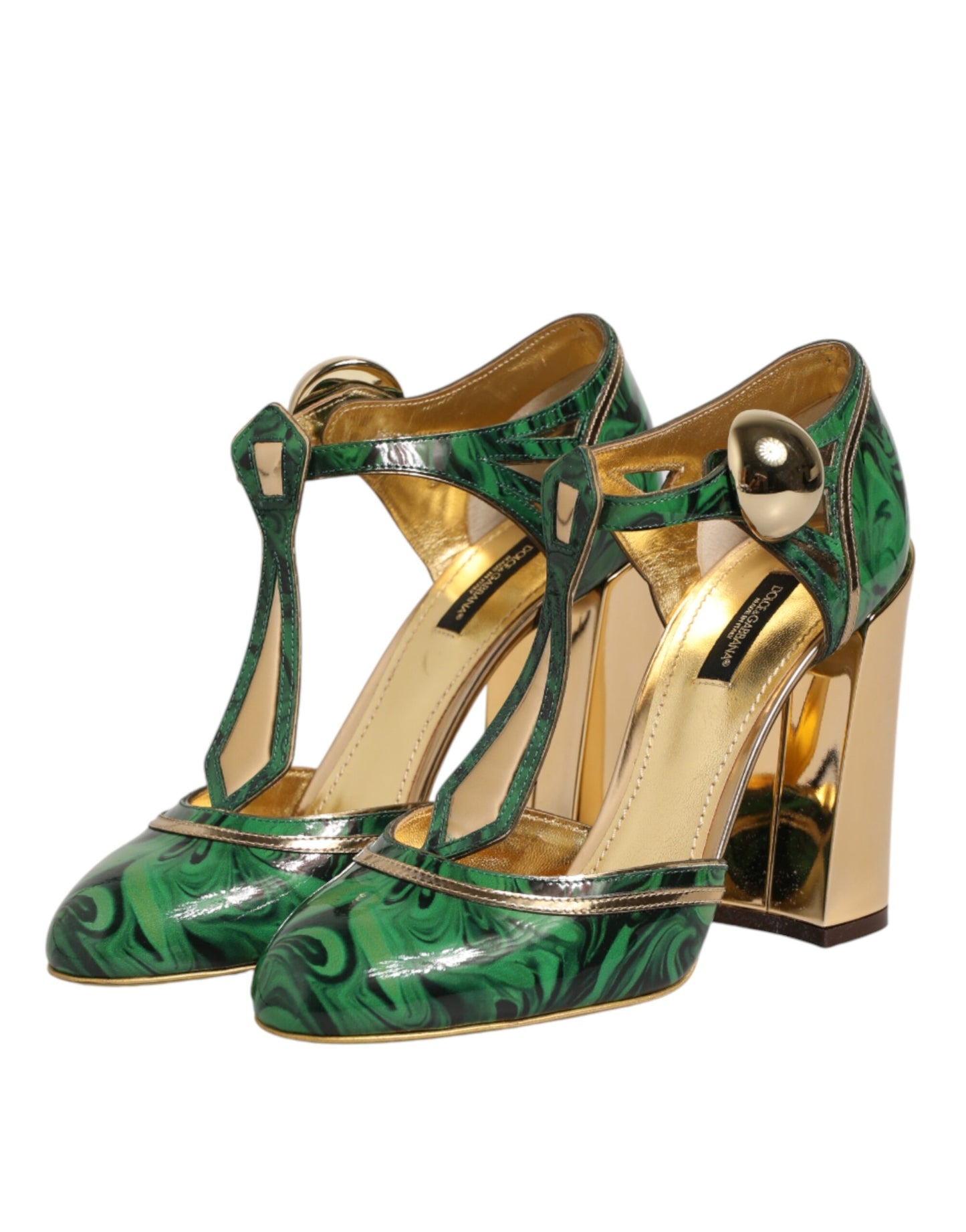 Green Leather T-STRAPS Heels Sandals Shoes