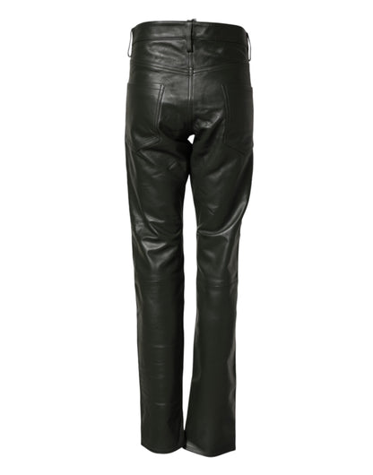 Black Full Grain Leather Mid Waist Trouser Pants
