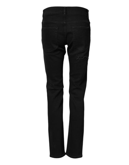 Black Tattered Cotton Men Skinny Denim Jeans