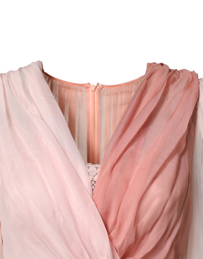 Pink Silk Tulle Long Sleeve V-neck Dress