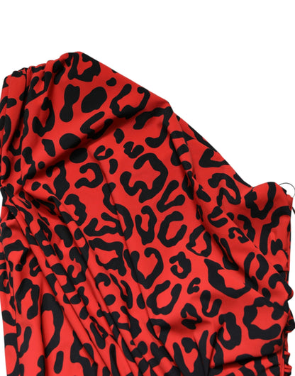 Red Leopard Print Nylon Sheath Midi Dress