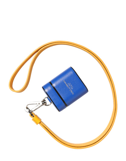 Blue Yellow Calfskin Leather Logo Strap Men Airpods Case