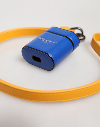 Blue Yellow Calfskin Leather Logo Strap Men Airpods Case