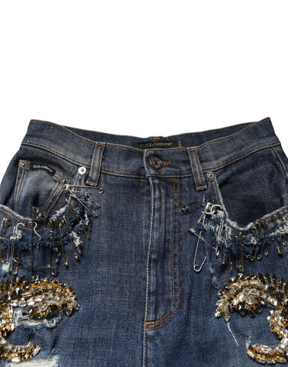 Blue Cotton Rhinestone Embellish Denim Jeans