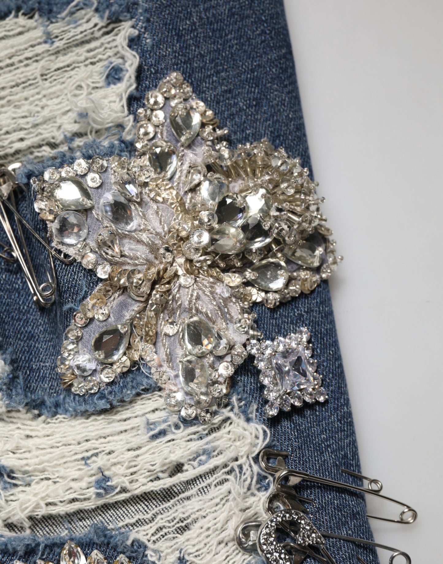 Blue Cotton Rhinestone Embellish Denim Jeans