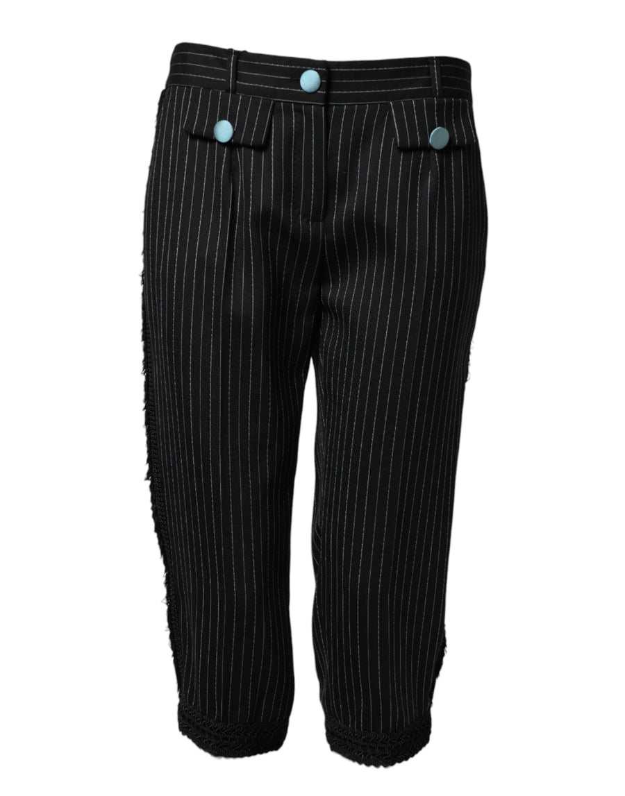 Black Wool Stripes Cropped Trouser Pants