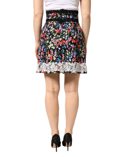 Black Floral Lace Cotton HighWaist Mini Skirt