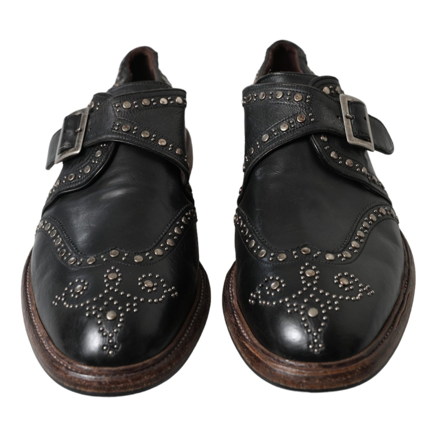 Black Leather Monk Strap Studded Dress Shoes